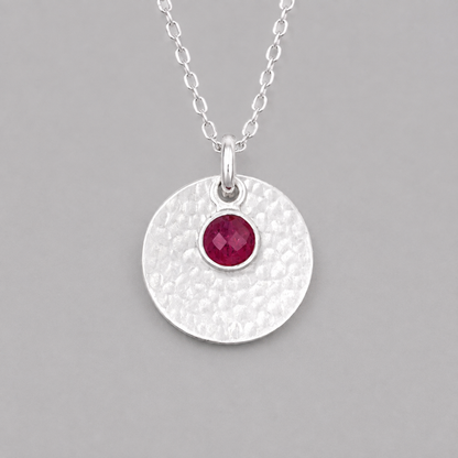 Minimalist Sterling Silver Disc Necklace with Ruby Charm