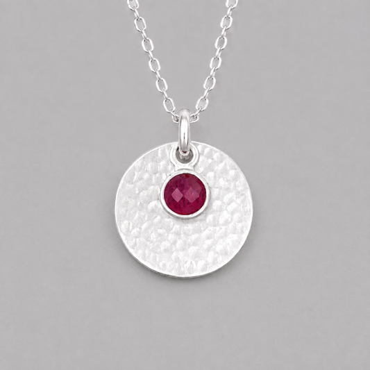 Minimalist Sterling Silver Disc Necklace with Ruby Charm
