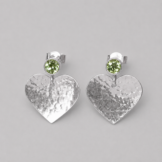 Sterling Silver Peridot Heart Drop Earrings | August Birthstone