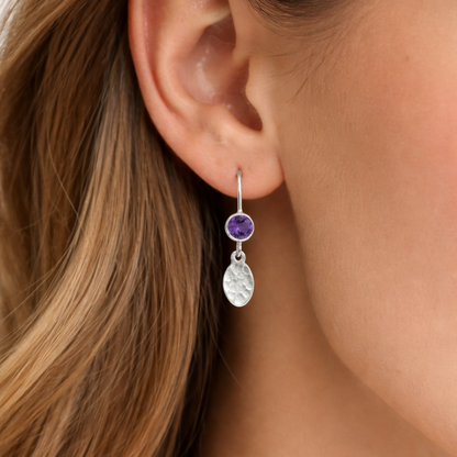 Amethyst February birthstone sterling silver earrings, hammered dangle ovals.