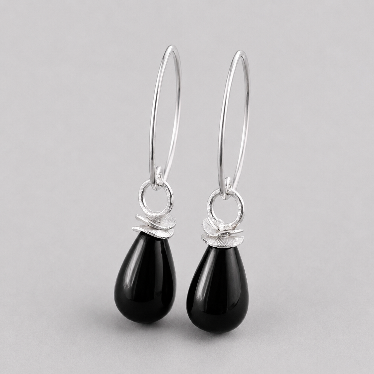 Black onyx briolette sterling silver earrings