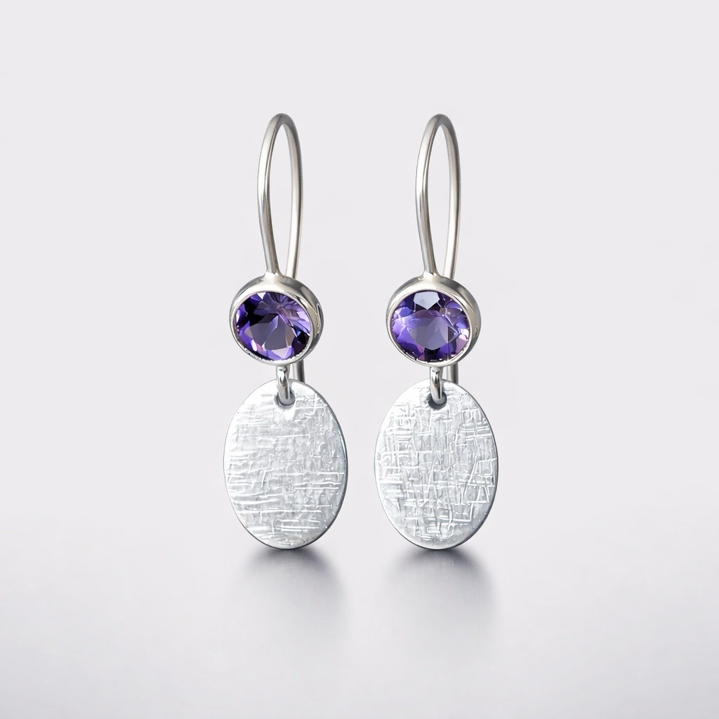 Amethyst sterling silver earrings, hammered oval charm. February birthstone earrings.