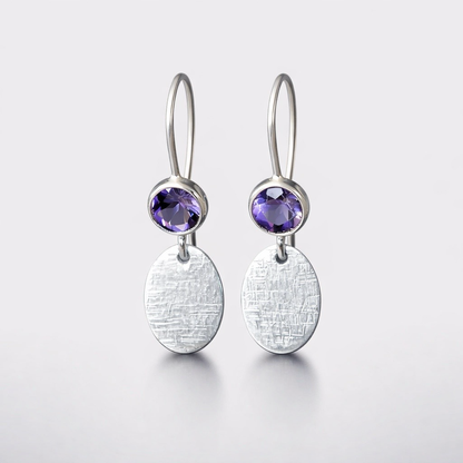 Amethyst sterling silver earrings, hammered oval charm. February birthstone earrings.