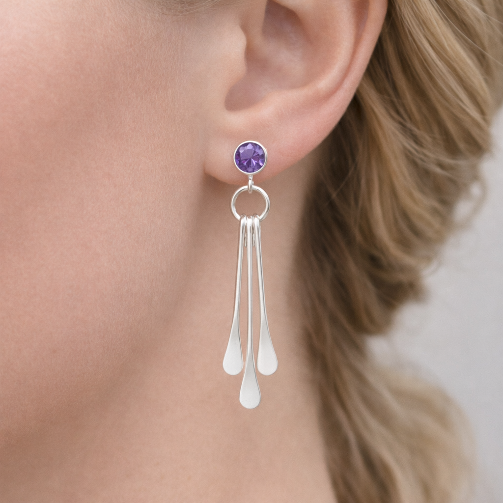 Amethyst sterling silver dangle stud earrings. February birthstone earrings.