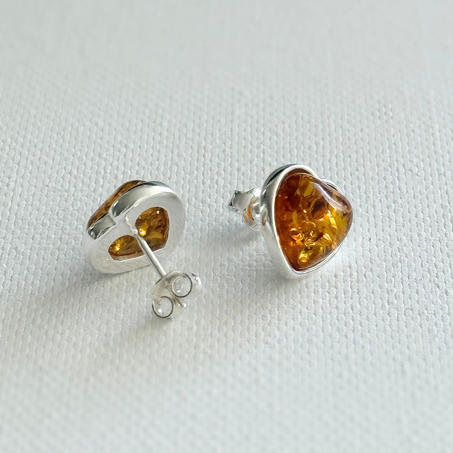 Sterling Silver and Baltic Amber Heart Stud Earrings