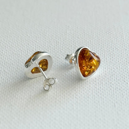 Sterling Silver and Baltic Amber Heart Stud Earrings