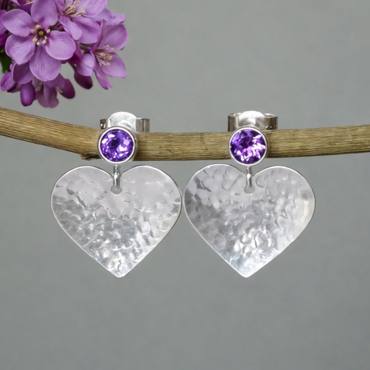 Amethyst February birthstone sterling silver heart stud earrings.