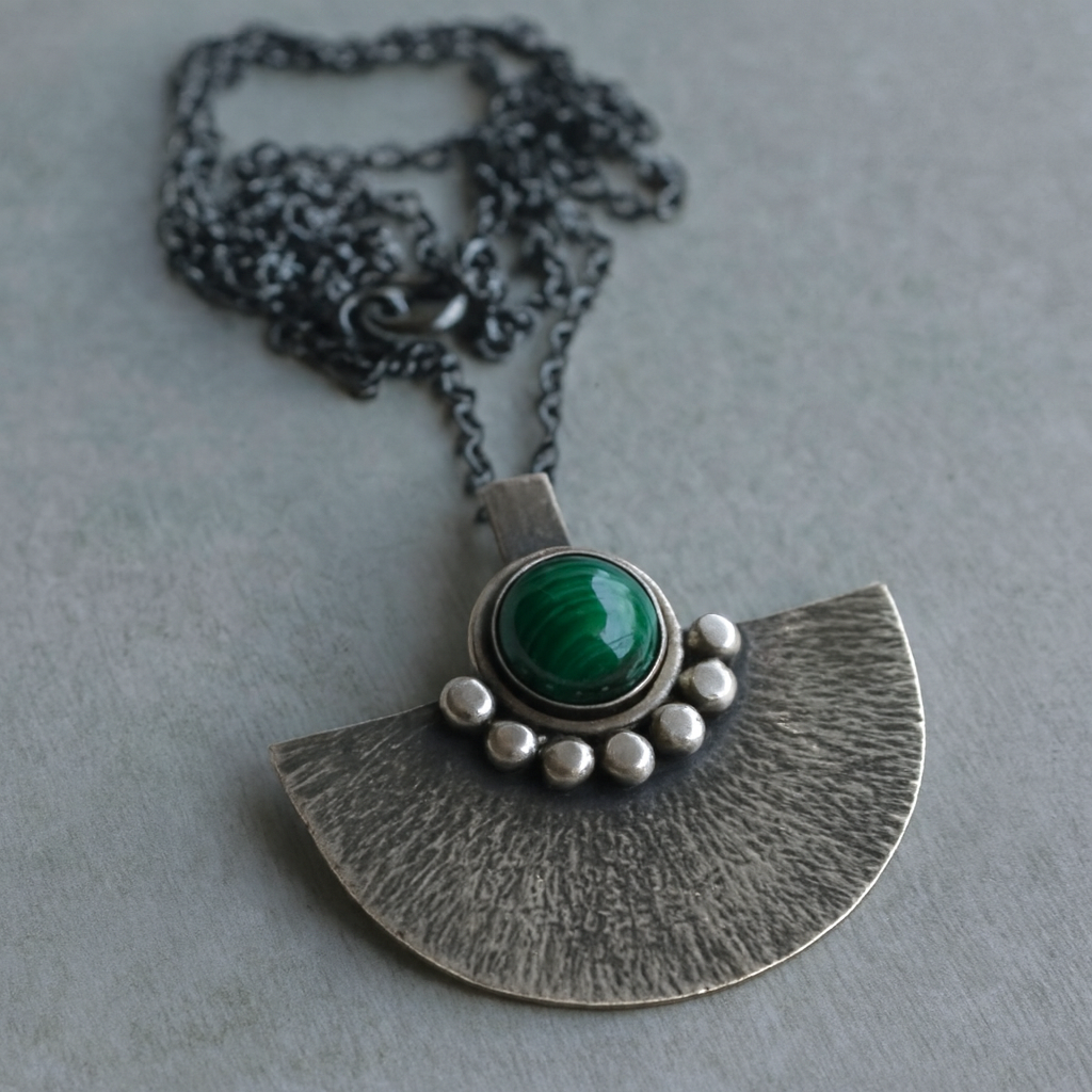 Green malachite sterling silver oxidised fan necklace.