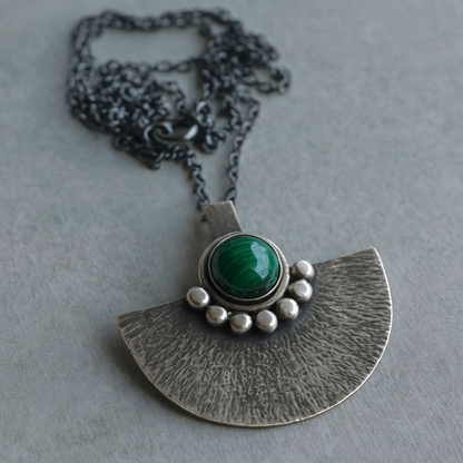 Green malachite sterling silver oxidised fan necklace.