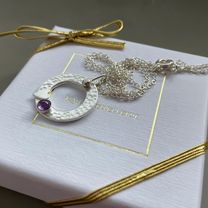 Amethyst Sterling Silver Circle Necklace – February Birthstone Heart Pendant