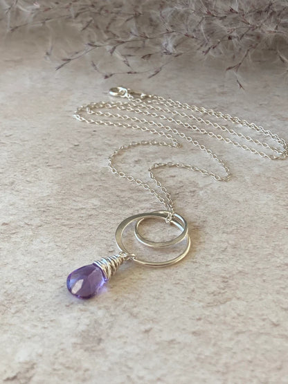 Natural Amethyst Circle Necklace in Sterling Silver and Fine Silver
