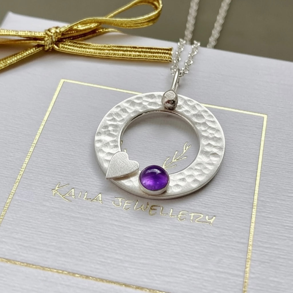 Amethyst Sterling Silver Circle Necklace – February Birthstone Heart Pendant