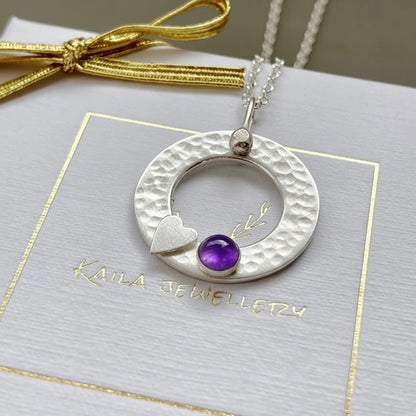 Amethyst Sterling Silver Circle Necklace – February Birthstone Heart Pendant