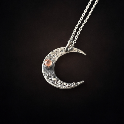 Sunstone crescent moon oxidised sterling silver necklace