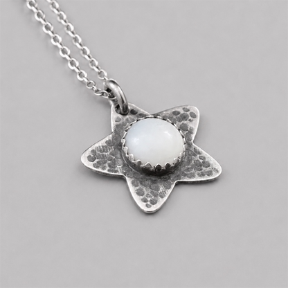Mother of Pearl, star oxidised sterling silver necklace.