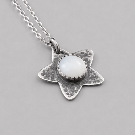 Mother of Pearl, star oxidised sterling silver necklace.