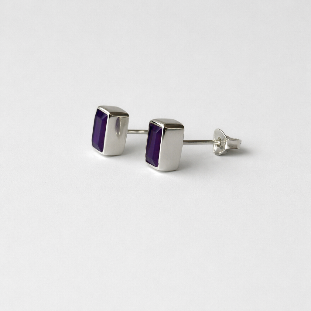 Sterling Silver Amethyst Rectangle Stud Earrings – February Birthstone