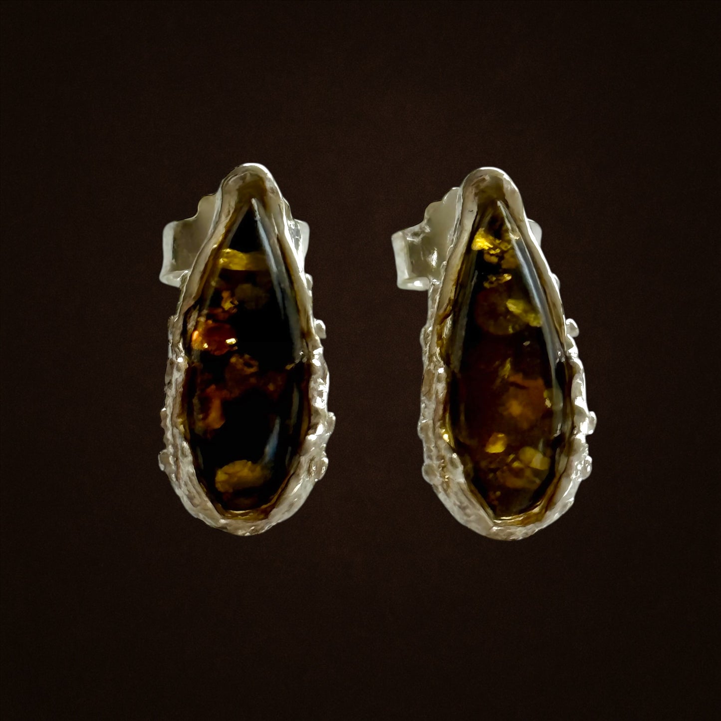 Baltic Green Amber and Sterling Silver Stud Earrings