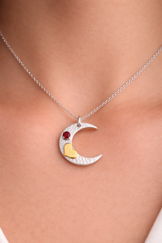 Sterling silver crescent moon, gold filled heart, garnet necklace.