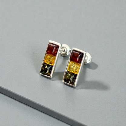 Sterling Silver Stud Earrings with a Trio of Amber Stones