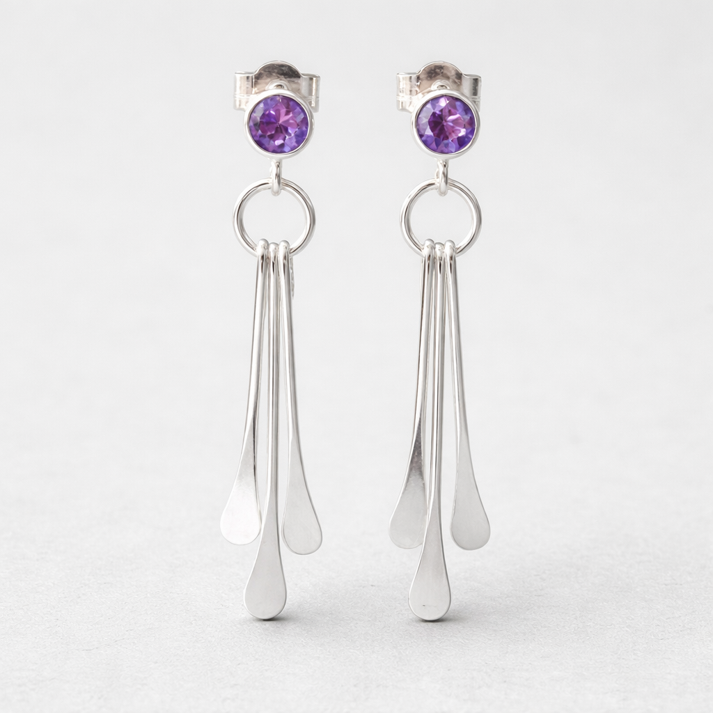 Amethyst sterling silver dangle stud earrings. February birthstone earrings.