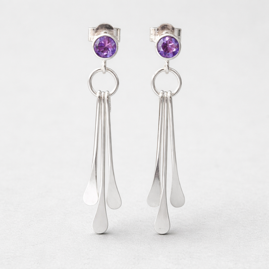 Amethyst sterling silver dangle stud earrings. February birthstone earrings.