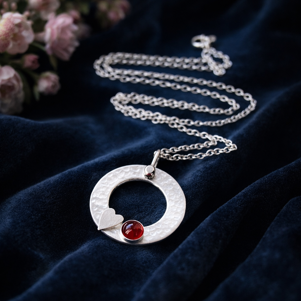 Sterling silver garnet circle necklace