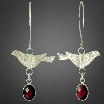 Sterling Silver Bird & Garnet Dangle Earrings