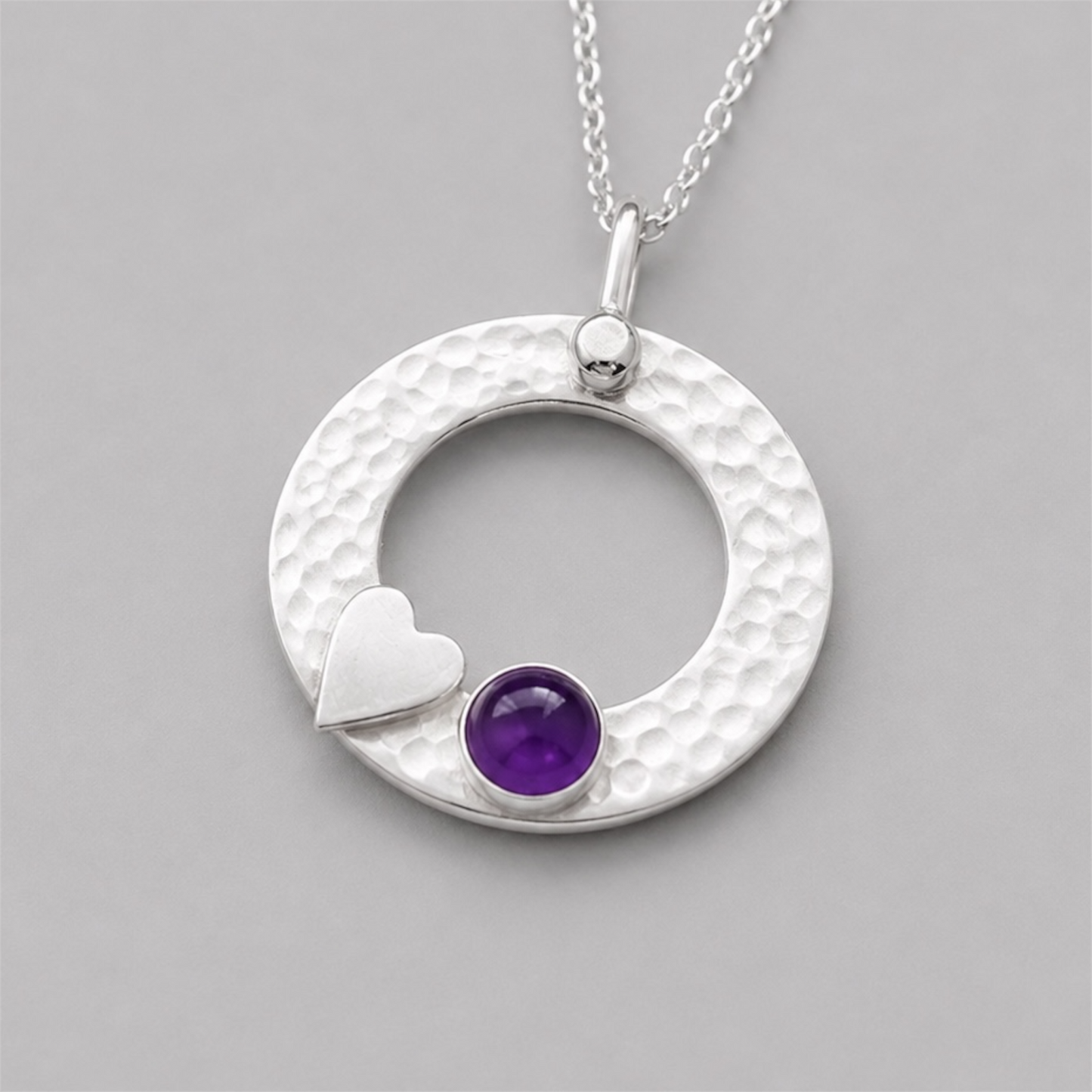 Amethyst Sterling Silver Circle Necklace – February Birthstone Heart Pendant