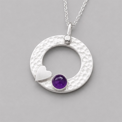 Amethyst Sterling Silver Circle Necklace – February Birthstone Heart Pendant