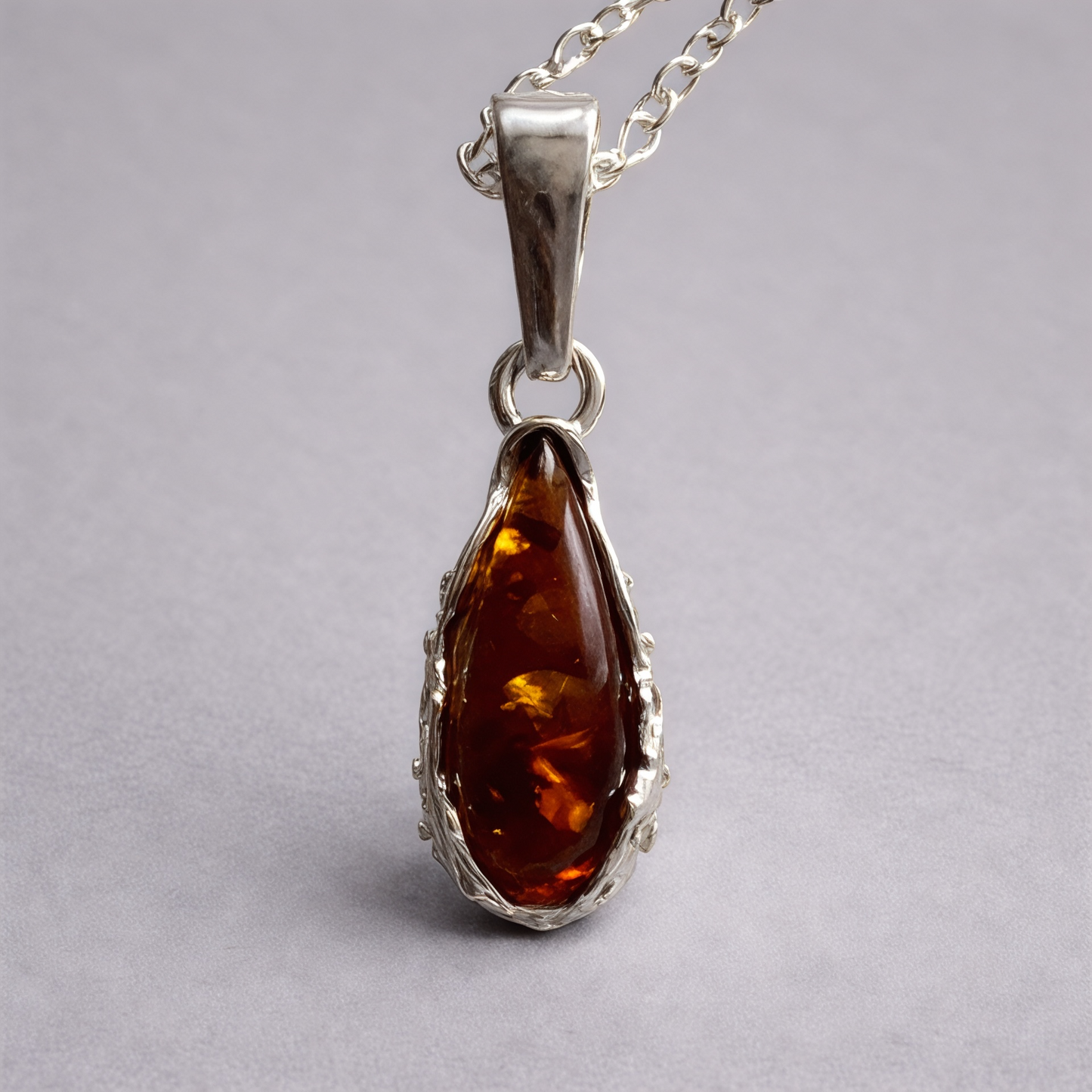 Teardrop Baltic Amber Pendant Necklace in Sterling Silver