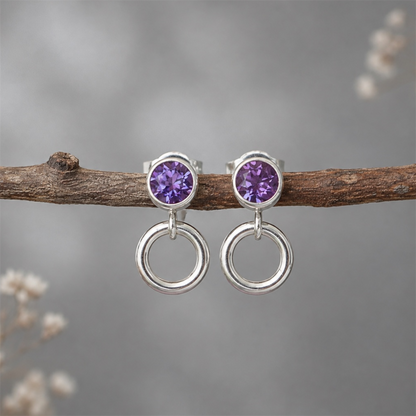 Amethyst sterling silver stud earrings. February Birthstone. Circle studs.