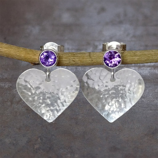 Amethyst February birthstone sterling silver heart stud earrings.