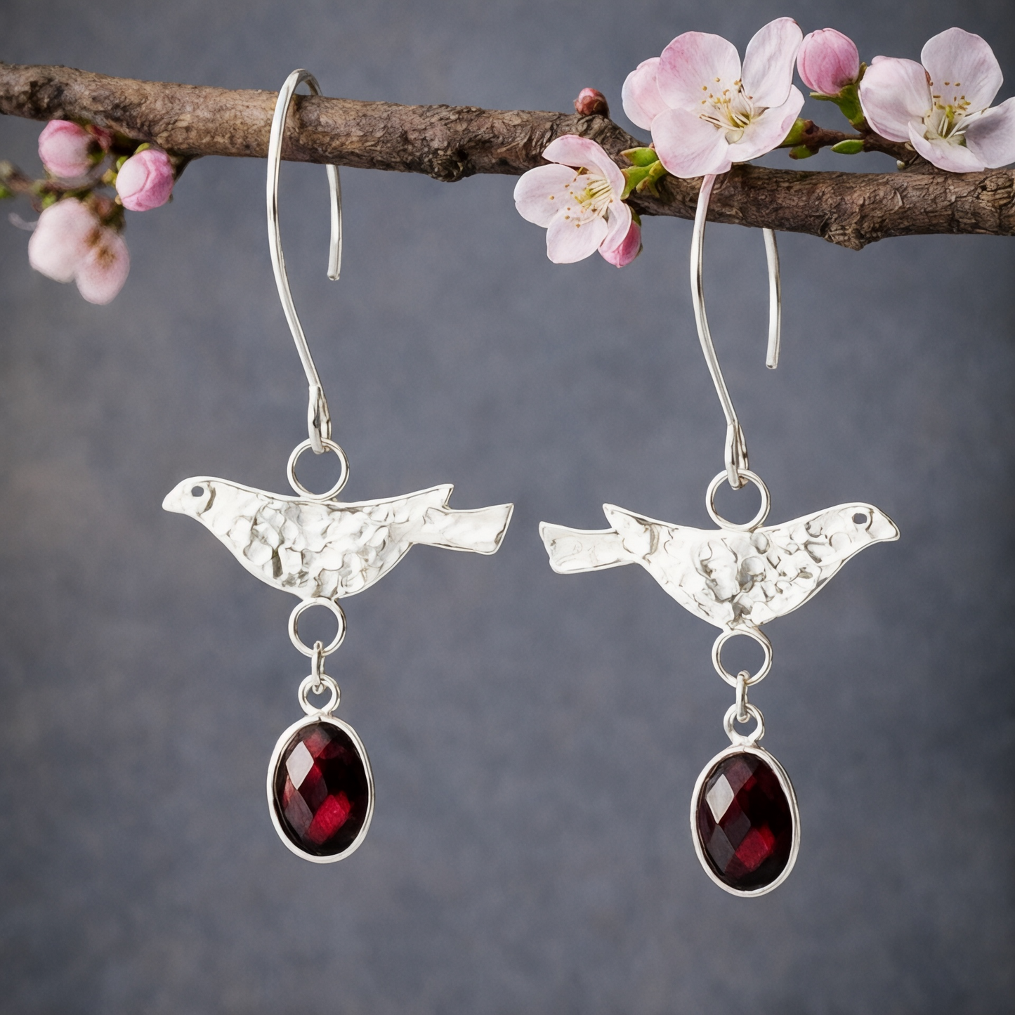 Sterling Silver Bird & Garnet Dangle Earrings
