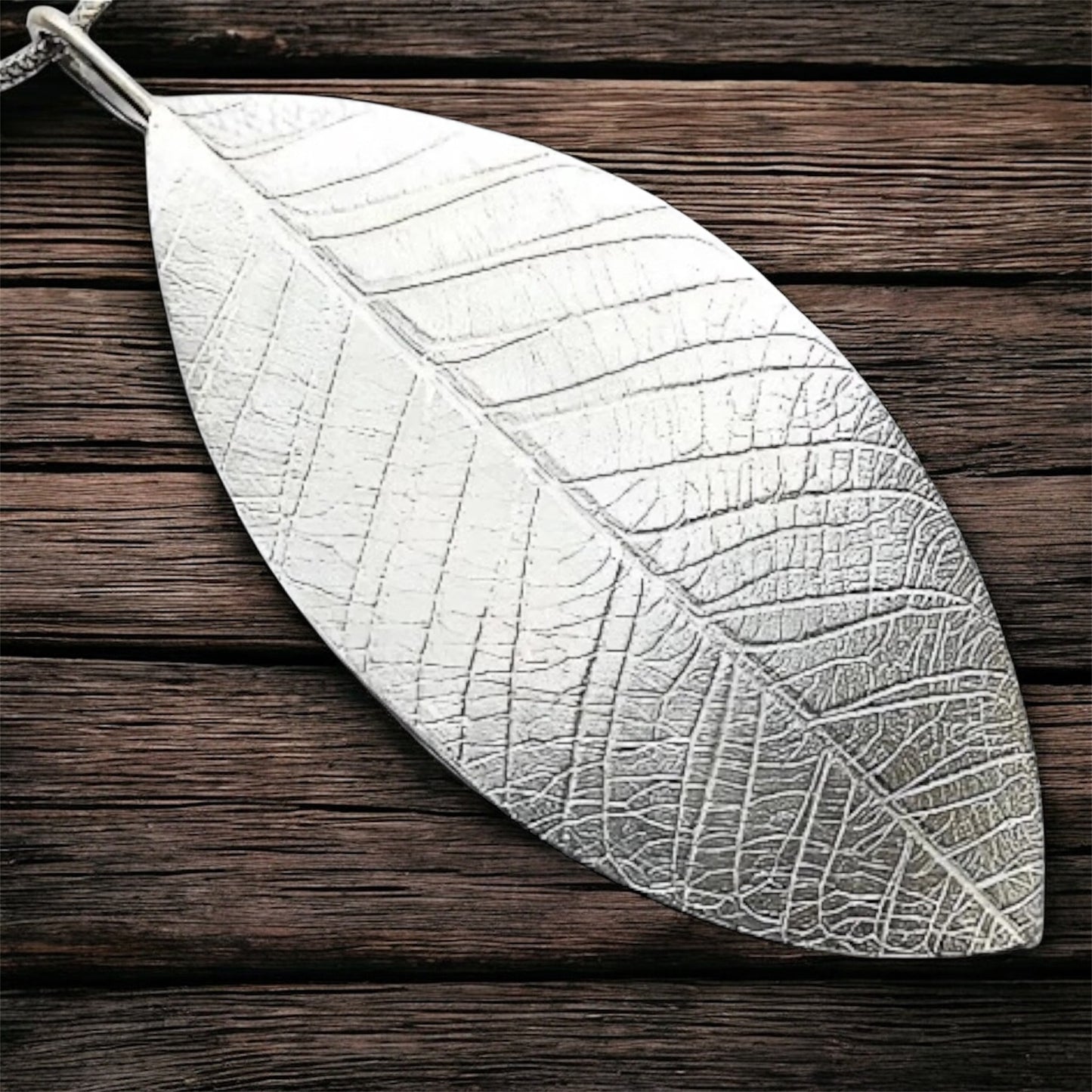 Large sterling silver leaf necklace.