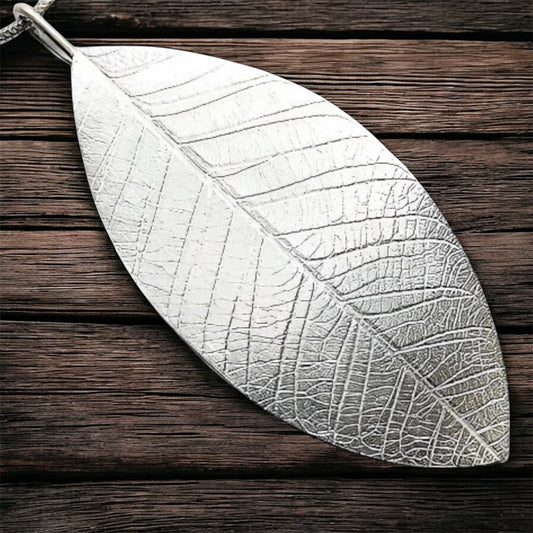 Large sterling silver leaf necklace.