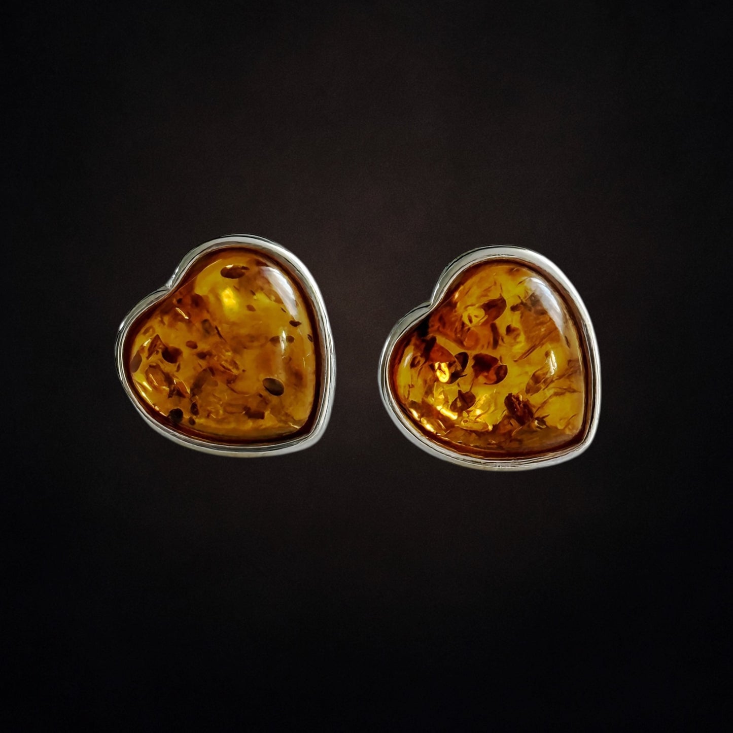 Sterling Silver and Baltic Amber Heart Stud Earrings