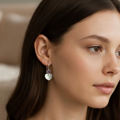 Amethyst & Hammered Heart Earrings in Sterling Silver