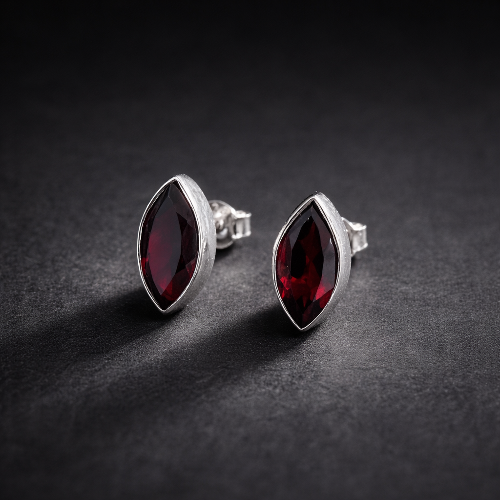 Marquise Garnet Stud Earrings in Sterling Silver