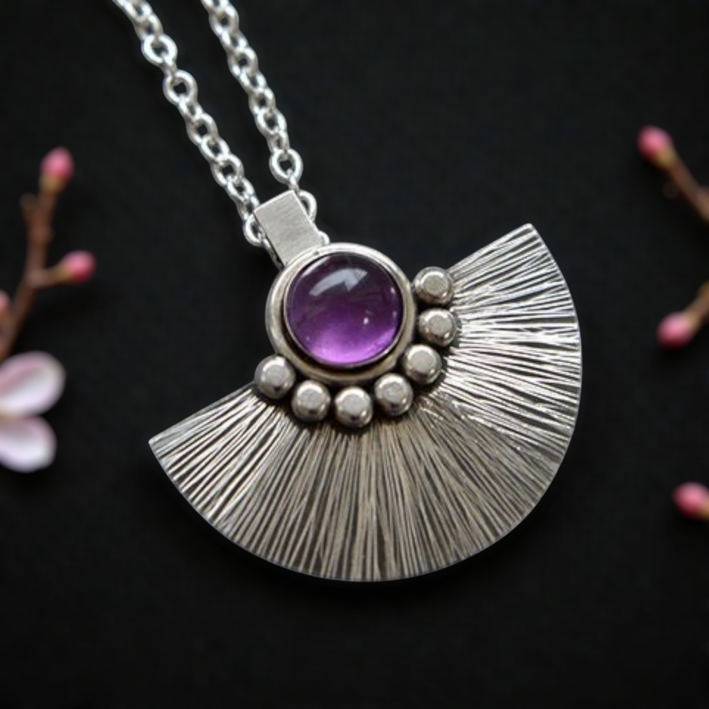 Artisan Amethyst sterling silver fan necklace.