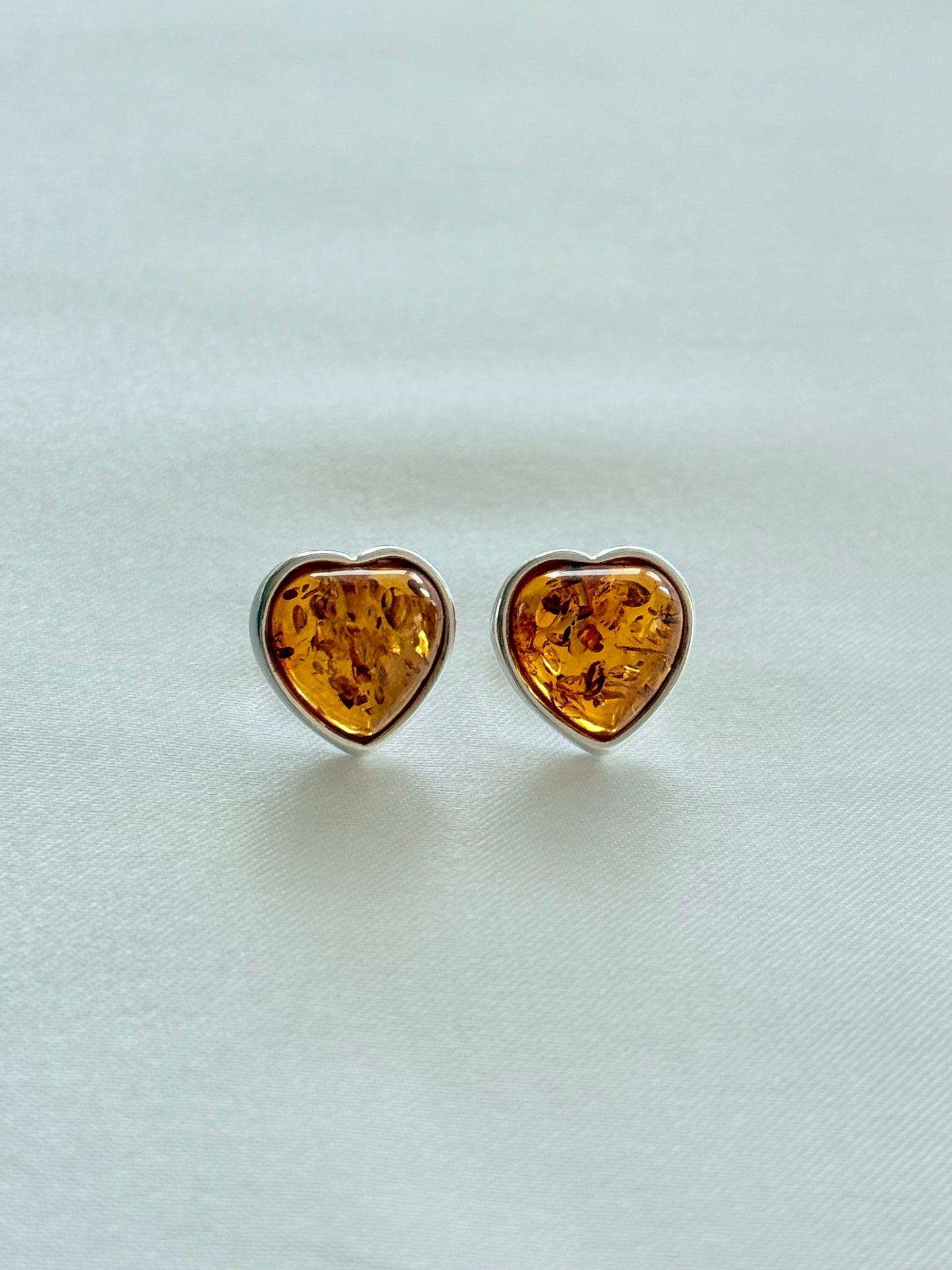 Sterling Silver and Baltic Amber Heart Stud Earrings