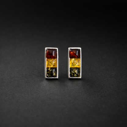 Sterling Silver Stud Earrings with a Trio of Amber Stones