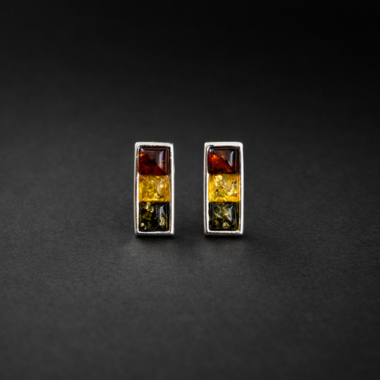 Sterling Silver Stud Earrings with a Trio of Amber Stones