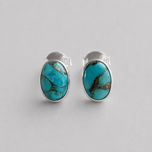 Blue Mohave Turquoise Oval Stud Earrings in 925 Sterling Silver – 6x8mm Turquoise Studs