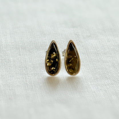 Green Baltic Amber Teardrop Stud Earrings in Sterling Silver