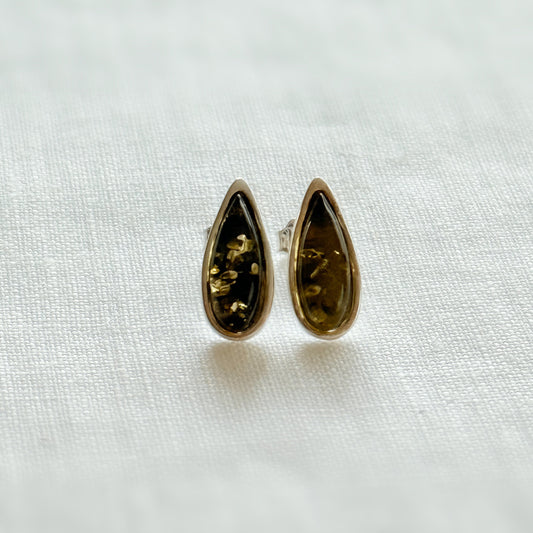 Green Baltic Amber Teardrop Stud Earrings in Sterling Silver