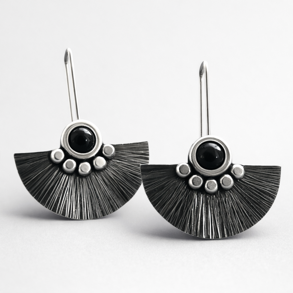 Black onyx sterling silver fan earrings.