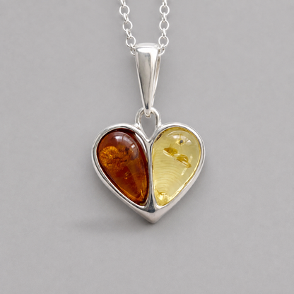 Sterling Silver Baltic Amber Heart Necklace – Yellow & Brown Amber Duo
