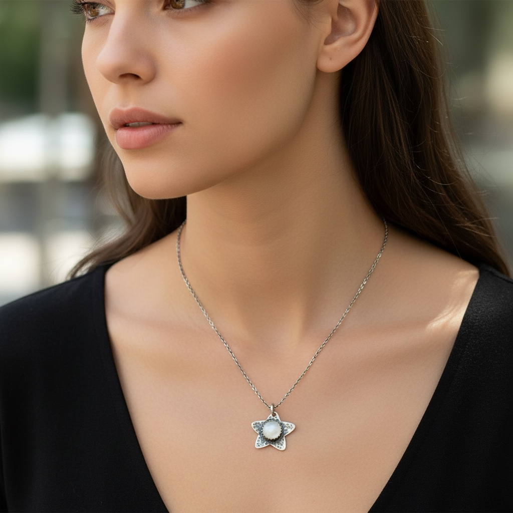 Mother of Pearl, star oxidised sterling silver necklace.