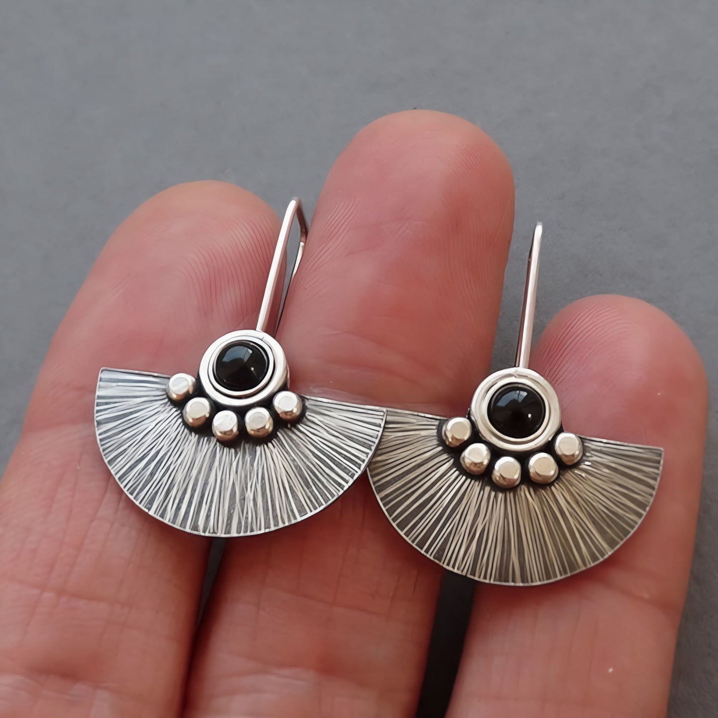 Black onyx sterling silver fan earrings.